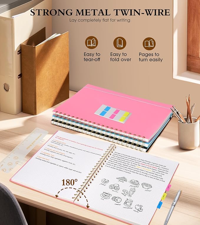 UEBZFOCS Dotted Notebook, Spiral Notebook Journal 8.5” x 11”, A4 Large Dot Grid Notebooks for Women Men, 100 GSM Dotted Paper, Plastic Hardcover Spiral Bullet Journals for Work School Sketching, Pink
