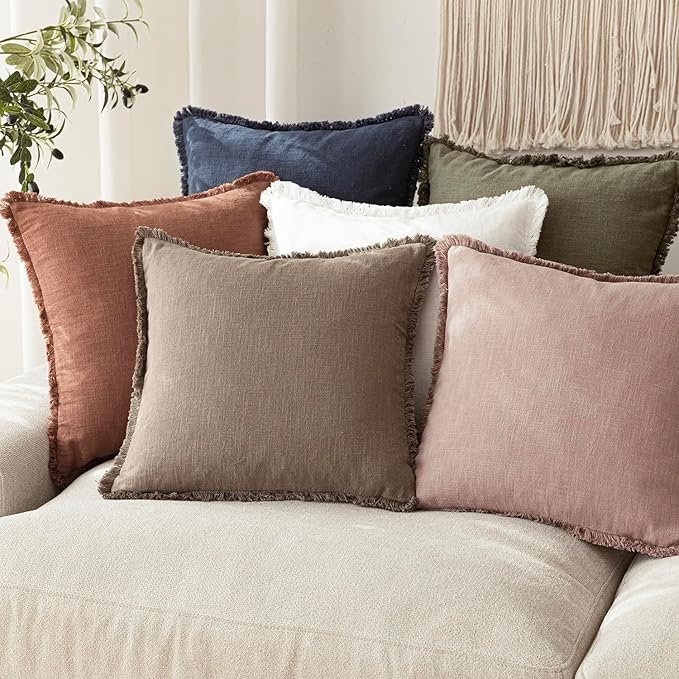 Foindtower Set of 2 Decorative Linen Fringe Lumbar Throw Pillow Covers Farmhouse Cushion Cover with Tassels Soft Accent Pillowcase for Couch Sofa Bed Living Room Home Decor,12×24 Inch,Dusty Pink