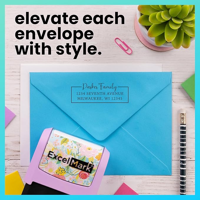 ExcelMark Address Stamp - Custom Return Address Stamp with Elegant Designs, Vibrant Colors & Patterns – Perfect for Mail, Invitations & Gifts (Peach Mount, Signature Frame)