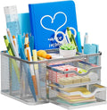 Marbrasse Mesh Desk Organizer, Pen Organizer with 2 Drawer, Multi-Functional Pencil Holder, Desk Organizers and Accessories with 5 Compartments + Drawer for Office Art Supplies (Silver)