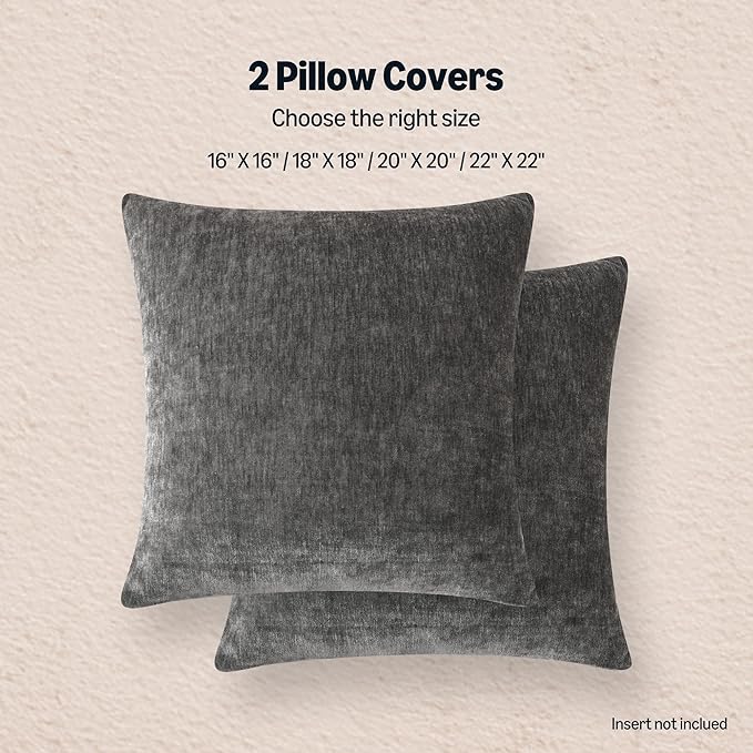 Amazon Basics Chenille Throw Pillow Covers, Home Decor Cushion Cover for Bedroom Living Room Couch Bed, 18" W × 18" L, Dark Gray