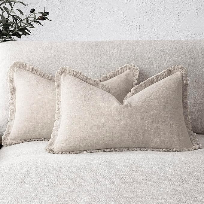 Foindtower Set of 2 Decorative Linen Fringe Throw Pillow Covers Boho Farmhouse Cushion Cover with Tassels Accent Pillowcase for Couch Bed Sofa Living Room Home Bedroom Decor, 12×24 Inch, Natural Beige