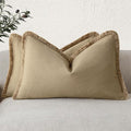 Foindtower Set of 2 Decorative Linen Fringe Throw Pillow Covers Farmhouse Cushion Cover with Tassels Lumbar Accent Pillowcase for Bed Couch Living Room Home Bedroom Decor,12×24 Inch,Light Khaki Taupe