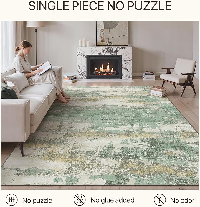 GENIMO No Crease Non Slip 8x10 Area Rugs for Living Room, Craft Woven Modern Abstract Rug, Soft Floor Carpet, Single-Piece Rugs for Bedroom, Dining Room, Office, Green Gray