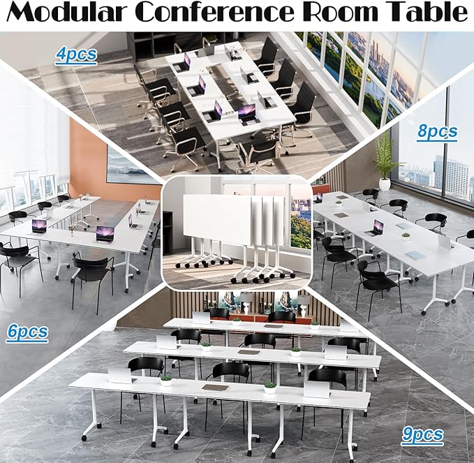 WYMHYZ Conference Table Flip Top Mobile Conference Room Tables,Folding Conference Table with Wheels,Large Meeting Training Seminar Table Saving Space for Office Classroom (2, White, 55.1'')