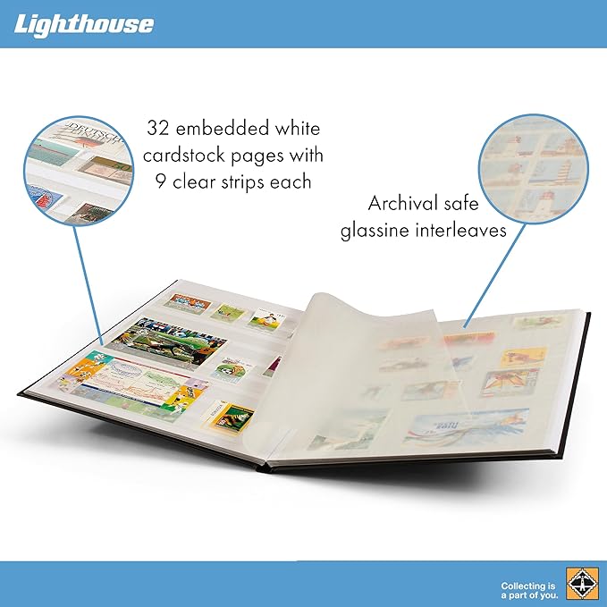 LIGHTHOUSE – “BASIC” Hard Cover Stockbook for Stamps – 32 White Cardstock 9”x12” (A4) Pages with Glassine Strips - Green
