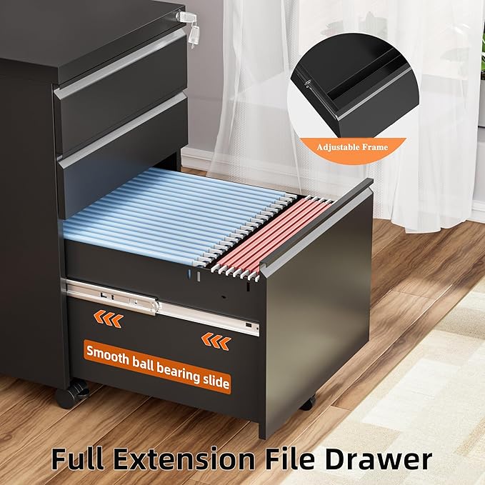 INTERGREAT 3 Drawer File Cabinet, Metal Filling Cabinets with Lock, Locking Office Mobile Cabinet with Wheels for Legal/Letter Size, Under Desk, Assembled, Black