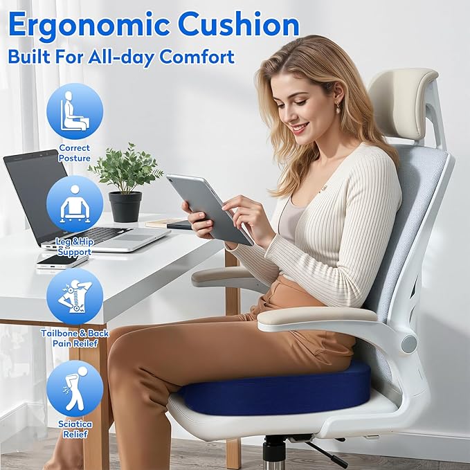 CushZone Seat Cushion, Office Chair Cushions, Car Seat Cushion, Non-Slip Sciatica & Back Coccyx Tailbone Pain Relief Chair Pad, Memory Foam Butt Pillow for Computer Desk, Wheelchair, Driving (Grey)