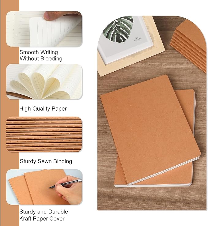 miikoul 4 Pack A5 Kraft Paper Notebook Lined Journal Bulk, 8.3 X 5.5 Inch, 60 Pages/30 Sheets, 80gsm, Travel Notebook Notepad for Adult, Students, Gift, Office, Back to School Supplies