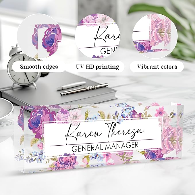 Custom Office Name Plate for Desk, Personalized Gifts for Women, Appreciation Gifts for Employee Coworkers Boss Teacher, Office Accessories (Hundred Flowers)