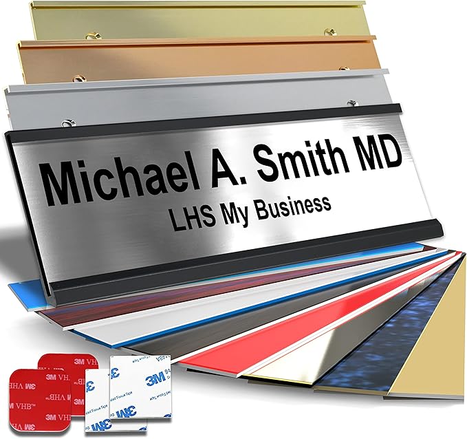 Custom Name Plate with Choice of Mounting for Walls, Doors, Cubicles, Hanging and More - Personalized Brushed Silver Plastic Black Letters - USA Made 2x12 - M1