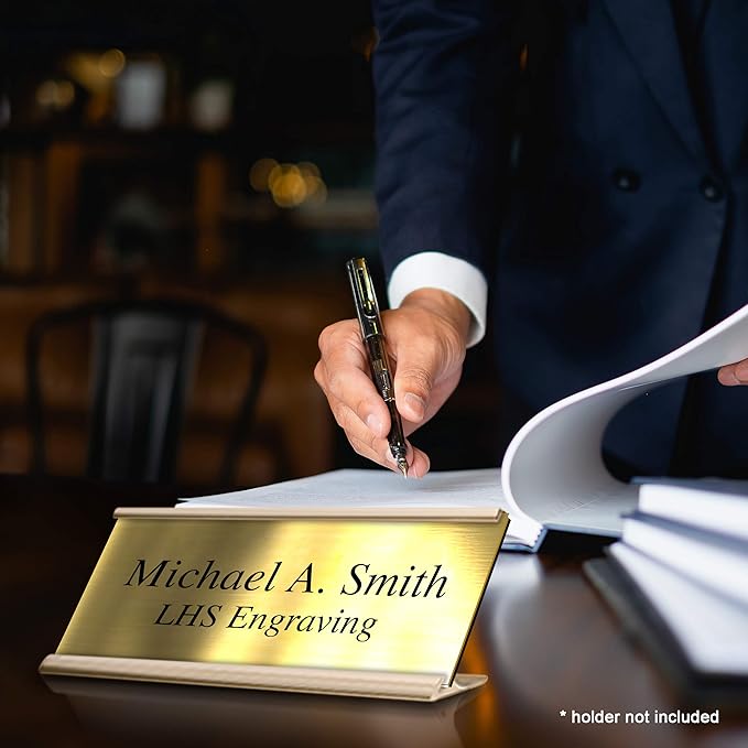Engraved Name Plates for Doors, Walls, and Plaques Personalized Brushed Brass Plastic Plaque with Black Letters - Made in USA 2x6 M6