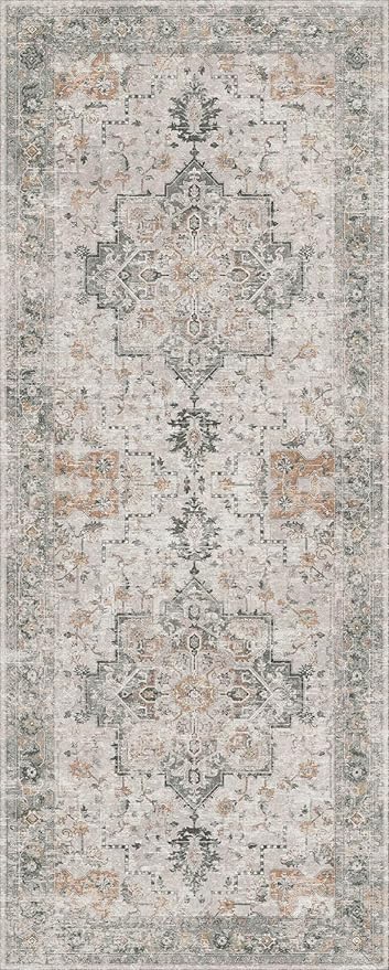 GENIMO Runner Rug 2'6''x8, Non Slip Vintage Hallway Runner Rugs, Low Pile Lightweight Machine Washable Mat for Hallway, Entryway, Bedroom, Kitchen and Corridor, Light Taupe Brown