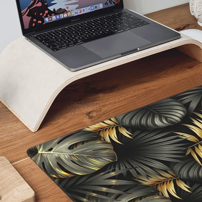CANFLASHION Gaming Mouse Pad,Large Mouse Pads for Desk,Non-Slip Rubber Base Extended Mousepad,XXL Keyboard Mouse Mat,Stitched Edges Computer Keyboard Desk Pad,35.4x15.8inch,Black Gold Tropical Leaves