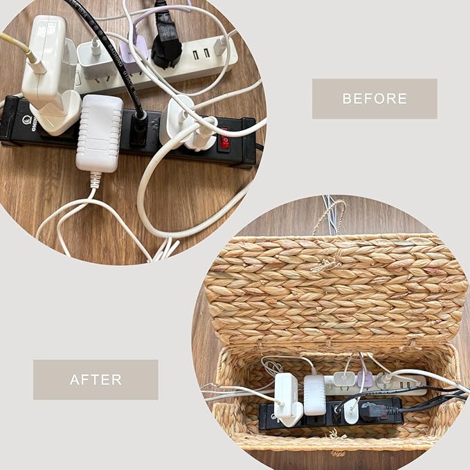 BINH YEN HOME Wicker Cable Management Box with Lid, Set of 2 Handwoven Water Hyacinth Cords Hider Boxes for TV, Computer, Router, USB Hub to Hide Cords & Power Strip for Desk, Floor, Office