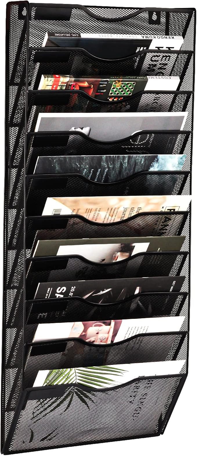 EASEPRES 10 Pocket Mesh Hanging Wall File Organizer, Wall Mounted Mail Paper Document Folder Holder, Clipboard Storage Organization Magazine Rack with Nametag Label for Office Home School, Black