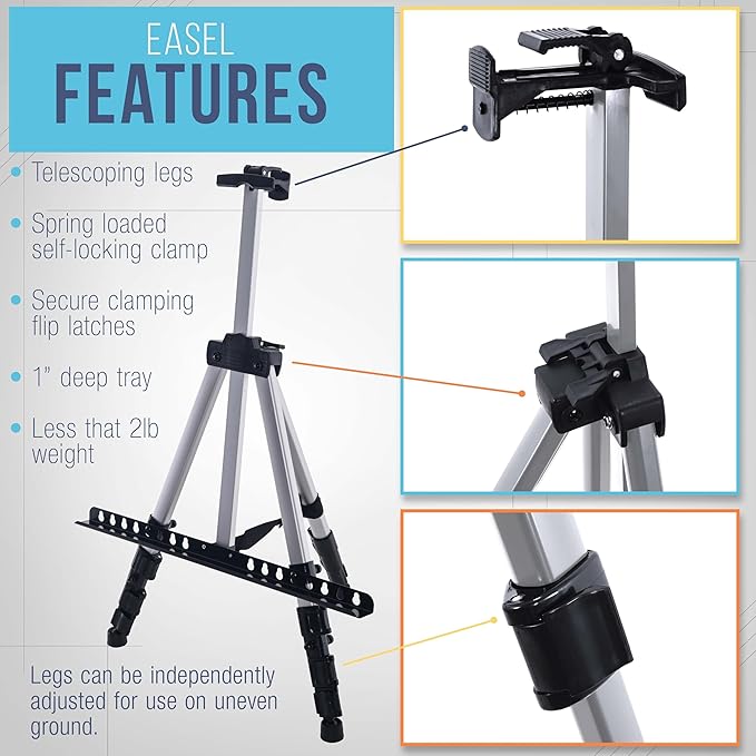 U.S. Art Supply 66" Silver Metal Tripod Easel Display - Adjustable 18"- 5.5', Holds 36" Canvas - Floor/Tabletop Easel Stand, for Sign Display, Painting, Poster Board, Canvas - Portable Bag