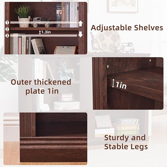 RWYHG 43" Walnut Tall Bookshelf Set of 2,3-Tier Thick Wooden Book Shelf with Adjustable Shelves,Free Standing Farmhouse Bookcase with Open Display Storage,Floor Vintage Bookshelves for Living Room