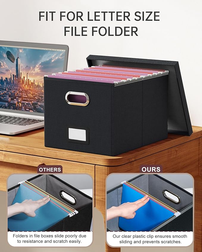 2 Pack File Storage Organizer, Filing Box, Portable File Box with Lid, Fit for Letter/Legal File Folder Storage, Document Organizer, Black