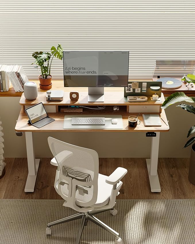 FEZIBO 40 x 24 Inch Height Adjustable Electric Standing Desk with Double Drawer, Stand up Home Office Computer Desk with 4 Height-Adjustable Feets & 2 Hooks, Maple