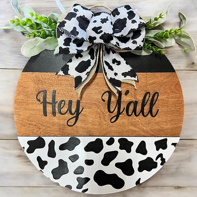Wood front door sign Wood sign Home decor Welcome sign Sign for front door House warming gift Wedding gift (Hey Yall Cow-DS082(A10) S003, 30" Width)