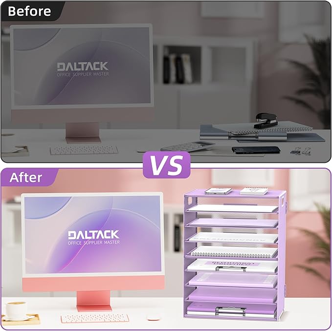 DALTACK 9-Tier Paper Letter Tray Desk Organizer with Handles, Mesh File Holder Organization, Paper Sorter Desk Organizer for Office Home School, Purple