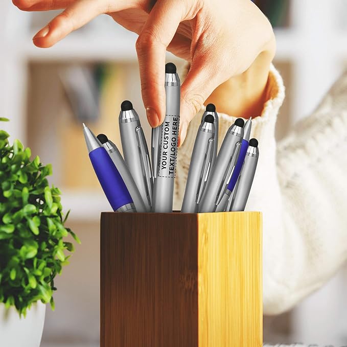 DISCOUNT PROMOS Custom Stylus Ballpoint Pens Set of 50, Personalized Bulk Pack - Black Ink, Great for Office, School, Business, Tradeshows, Events - Blue