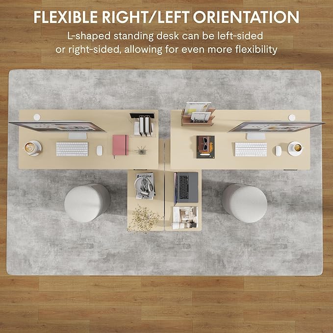 FLEXISPOT 63'' L Shaped Reversible Standing Desk with Drawers and Shelves, Large Corner Stand Up Executive Desk for Home Office, Light Wood Grain Top+ White Frame