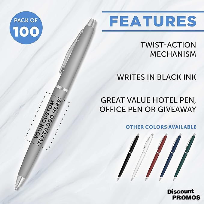 DISCOUNT PROMOS Custom Langham Ballpoint Pens Set of 100, Personalized Bulk Pack - Black Ink, Great for Office, School, Business, Tradeshows - Silver