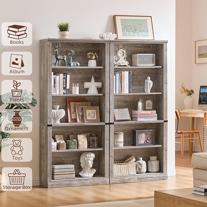 RWYHG 70" Grey Tall Bookshelf,5-Tier Thick Wooden Book Shelf with Adjustable Shelves,Free Standing Farmhouse Bookcase with Open Display Storage,Floor Vintage Bookshelves for Living Room,Office