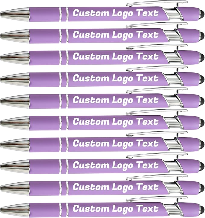 HEYZARDA Personalized Pens with Name Text Logo Custom Ballpoint Pen for Business Office Events with Stylus for Touchscreen 10 Pcs Purple