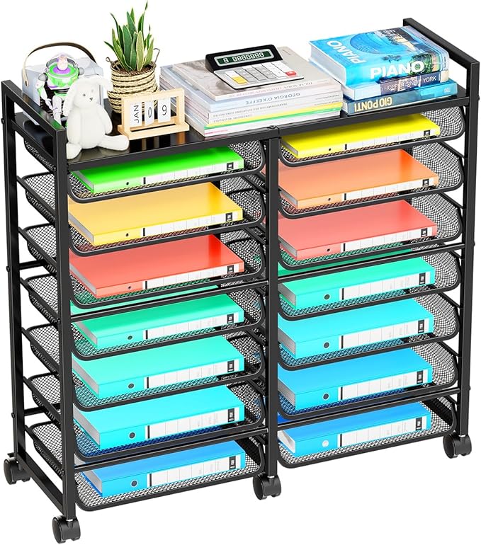 Simple Trending Rolling File Storage Cart, 15-Tier Metal Desk File Organizer with 14 Mesh Sliding Trays, Multi-Functional Clutter Cart for Office Home School, Black