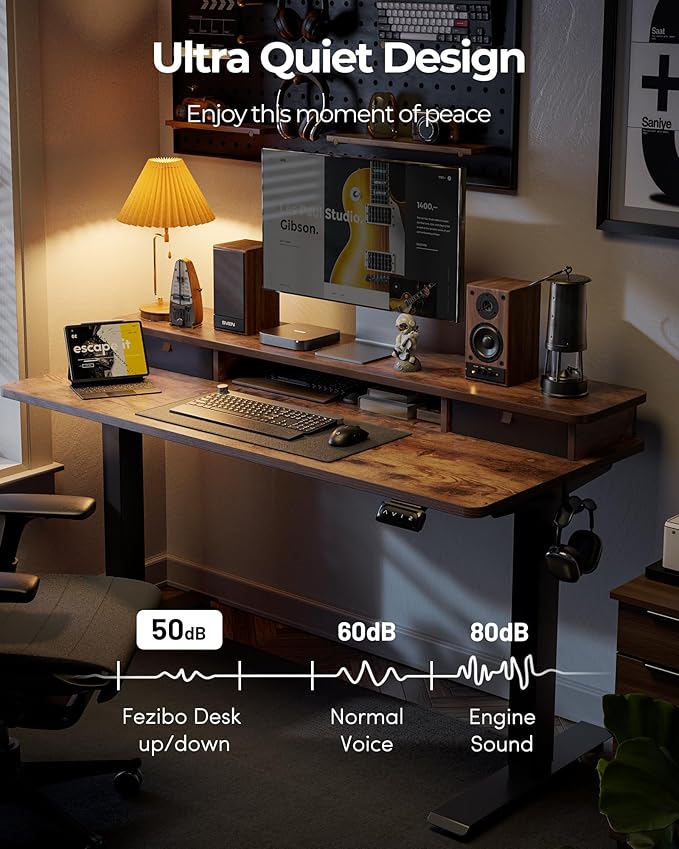 FEZIBO 48 x 24 Inch Height Adjustable Electric Standing Desk with Double Drawers, Stand up Desk, Home Office Computer Workstation with 4 Height-Adjustable Feets & 2 Hooks, Rustic Brown