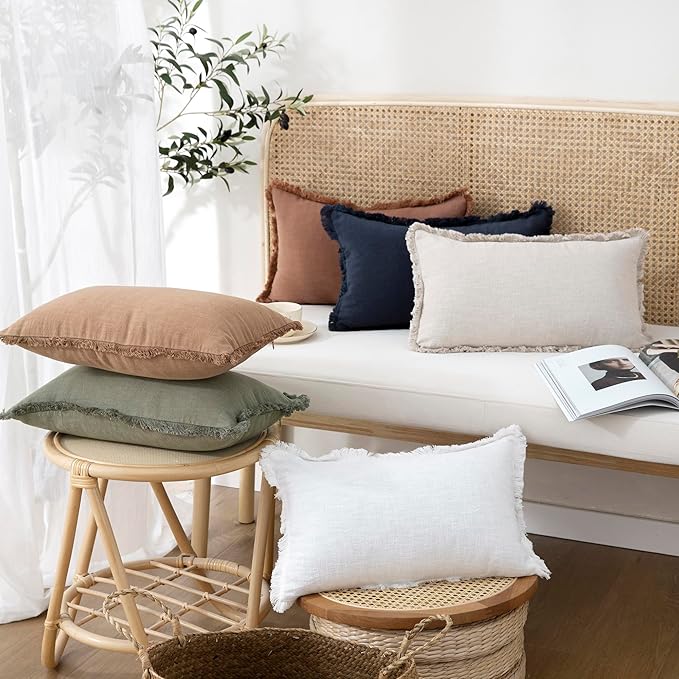 Foindtower Set of 2 Decorative Linen Fringe Throw Pillow Covers Cozy Boho Farmhouse Cushion Cover with Tassels Soft Accent Pillowcase for Couch Sofa Bed Living Room Home Decor,12×24 Inch,White
