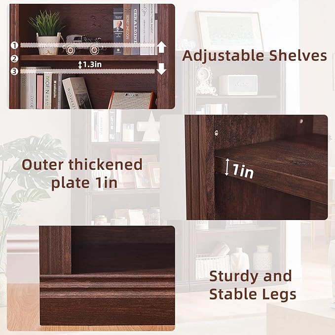 RWYHG 70" Walnut Tall Bookshelf Set of 3,5-Tier Thick Wooden Book Shelf with Adjustable Shelves,Free Standing Farmhouse Bookcase with Open Display Storage,Floor Vintage Bookshelves for Living Room