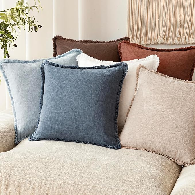 Foindtower Set of 2 Decorative Linen Fringe Lumbar Throw Pillow Covers Boho Farmhouse Cushion Cover with Tassels Soft Accent Pillowcase for Couch Sofa Bed Living Room Home Decor,12×20 Inch,Sky Blue