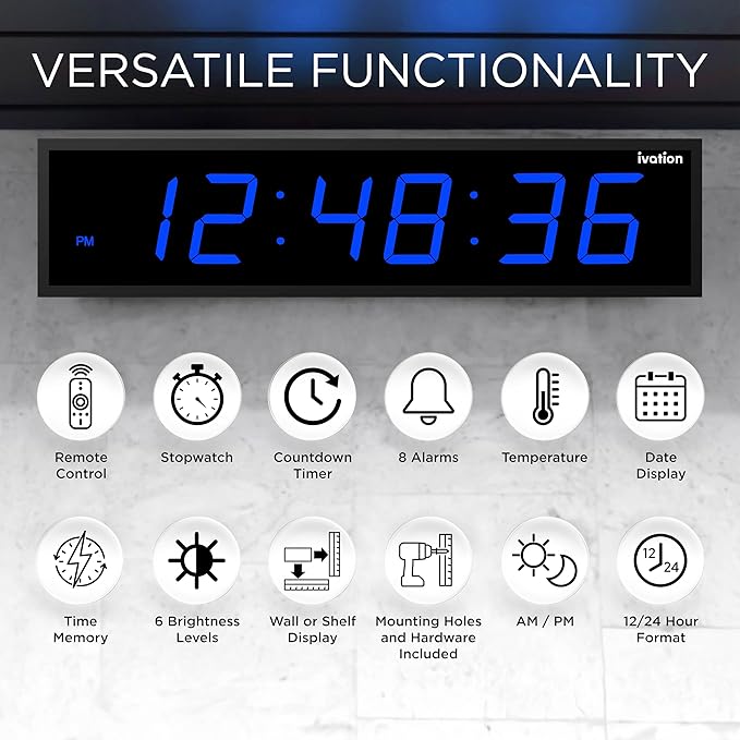 Ivation Oversized 36" Large Digital LED Clock | Big Digital Clock w/Multi-Function Display – Stopwatch, Timer, Alarms, Temp & Date | 6 Brightness Levels, Time Memory & Remote (Blue)