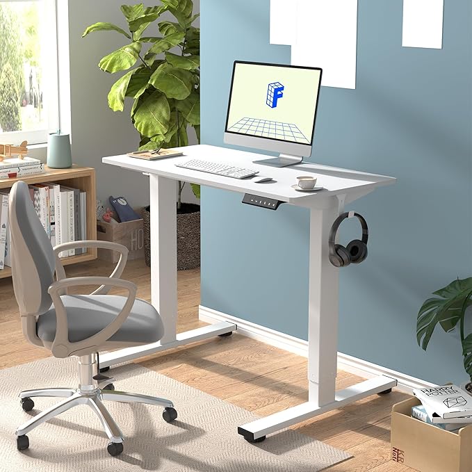 FLEXISPOT EN1 One-Piece Standing Desk, 48"x24" Seamless Desktop Electric Height Adjustable Desk for Home Office, Multi-Monitor Setups & Easy Assembly, White