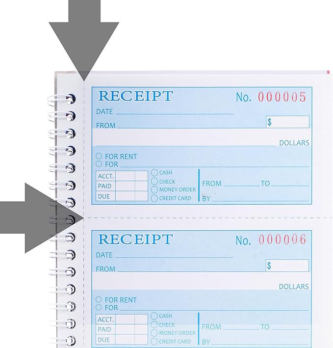Receipt Book with Carbon Copies,Money and Rent Receipt Book,2-Part Carbonless,5.31" x 11.22",Spiral Bound,200 Sets per Book,4 Receipts per Page.