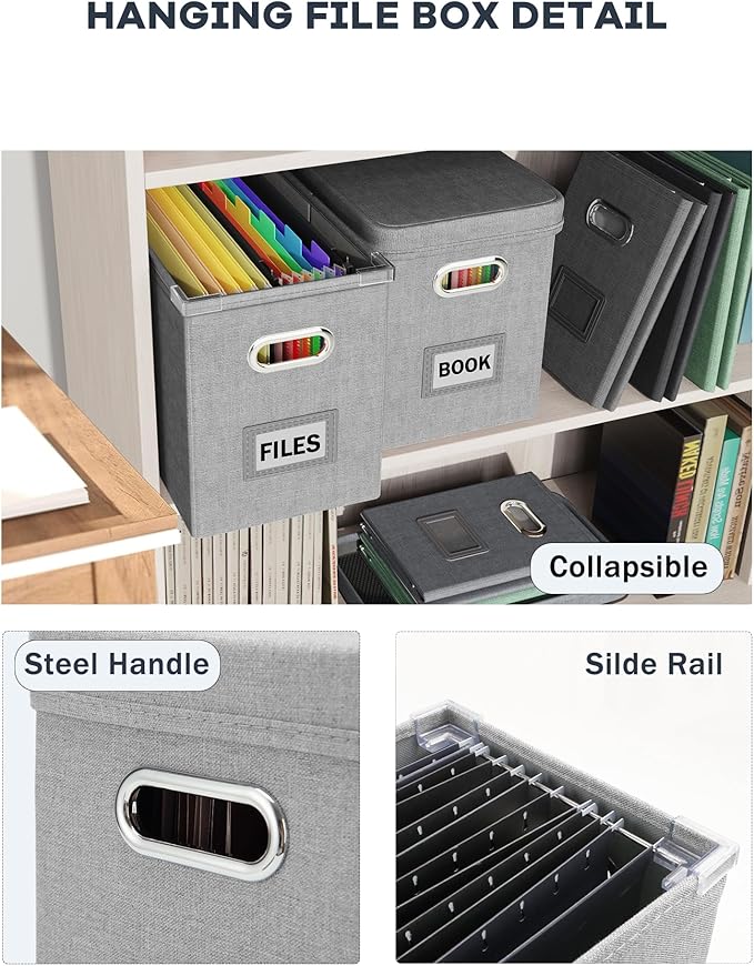Oterri Hanging Filing File Box with Mesh Pocket, File Organizer Box with Lid, Collapsible Document Organizer Box for Letter Size, Easy Slide Durable Storage Box for Office/Decor/Home (2 PCS, Grey)