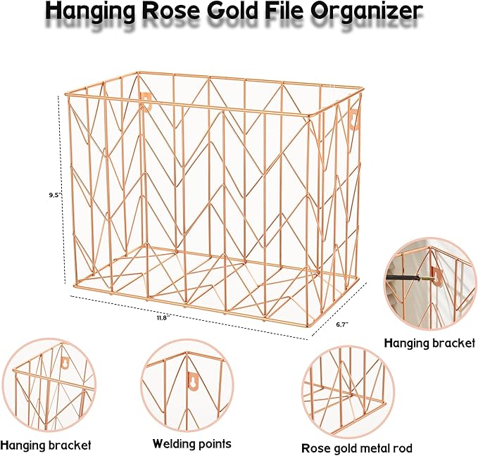 Fei Bi Hanging rose gold file organizer with 12 letter sized hanging folders, file basket, file box, storage box, office and school supplies