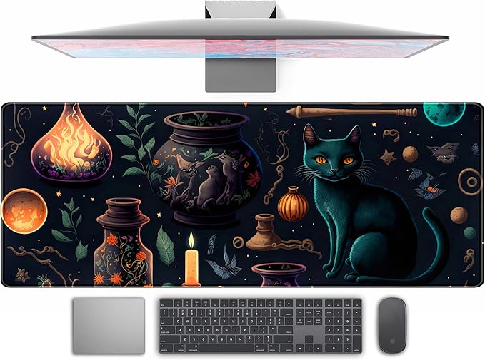 TENG DA QING Anime Blue Cat Kawaii Cats Mouse Pad, XL Large Extended Gaming Desk Pad, Women Desk Decor Pad Computer Laptop Keyboard and Wireless Mouse Mat with Stitched Edges 31.5x11.8 in