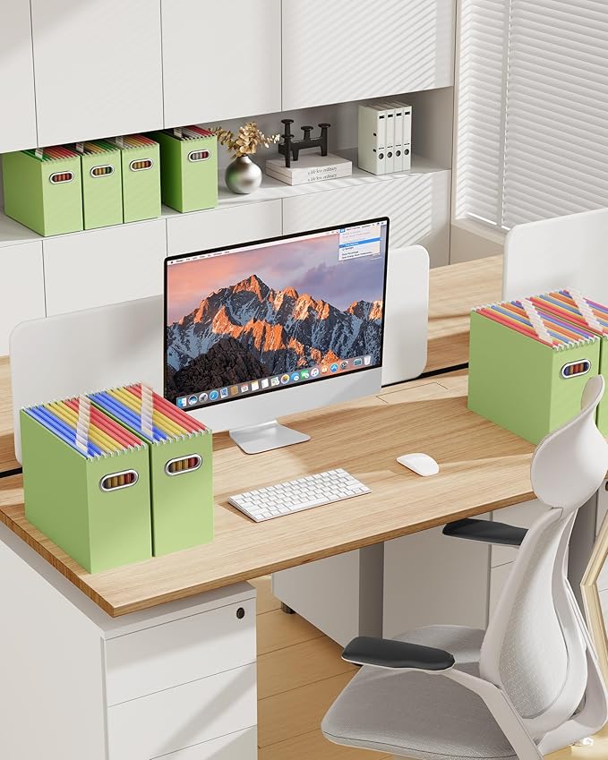 Oterri File Organizer - Small Cardboard Storage Box, Collapsible and Portable With Handle for Letter Size Files, Hanging Folder Box (Green, Letter Size - 4 Packs)