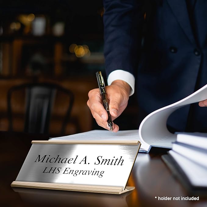 Door Name Plate Personalized for Office Brushed Steel Plastic Name Plate Black Letters - Made in USA 2x10 M1