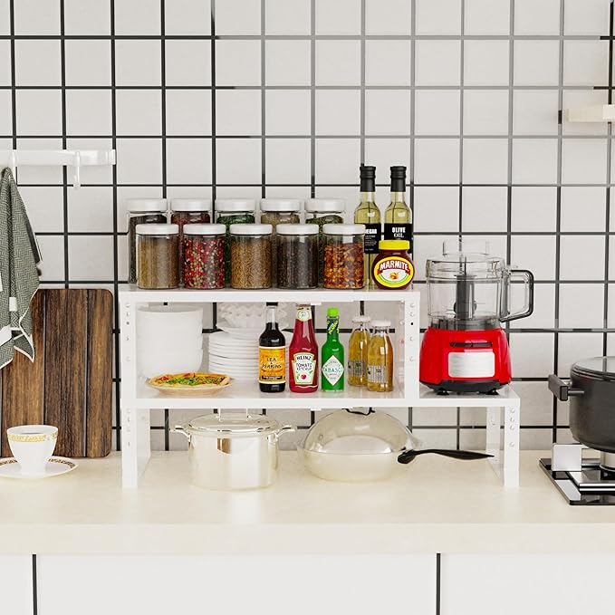 Jojocross Expandable Stackable Spice Rack Organizer for Kitchen Cabinet,Adjustable Counter Shelf, countertop, Pantry,Cupboard,Bathroom,Bedroom(1Pack/White/Large)