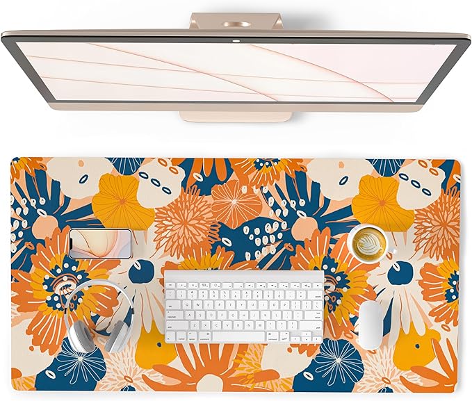 QIYI Large Desk Pad, Floral Mouse Pad Desktop Decor, Waterproof PU Leather Desk Cover Protector, Desk Accessories for Office Home Work Writing Gaming 31.5" x 15.7" - Orange Blue Flowers