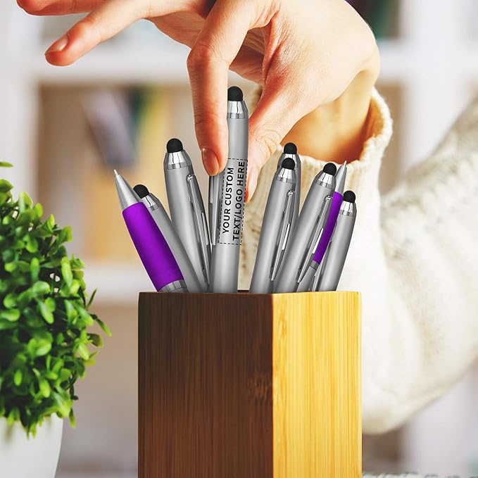 DISCOUNT PROMOS Custom Stylus Ballpoint Pens Set of 10, Personalized Bulk Pack - Black Ink, Great for Office, School, Business, Tradeshows, Events - Purple
