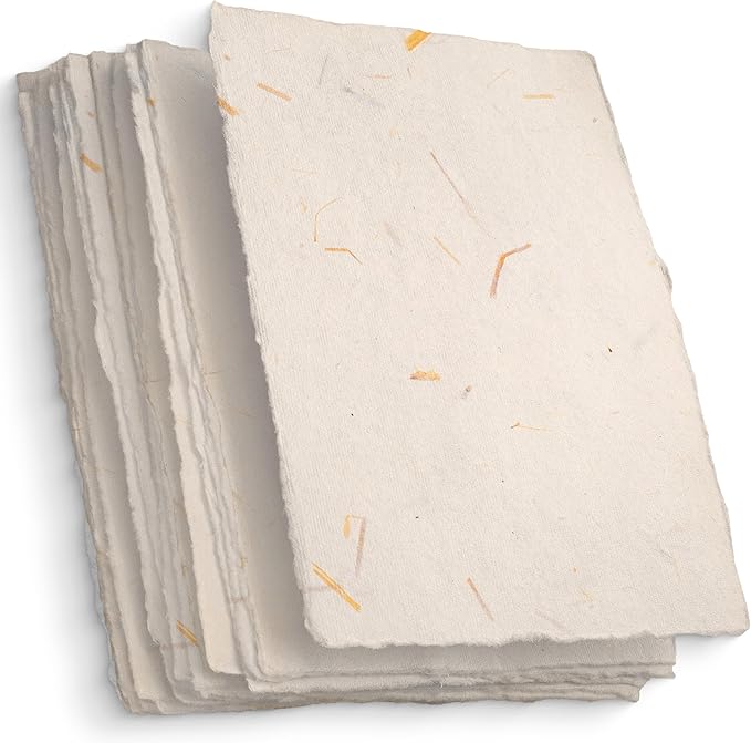 Wanderings Handmade Cream Deckle Edge Blank Paper with Straw - 4x6 - Pack of 50 - Watercolour/Mixed Media Paper - Save The Date Invitations Greeting Cards Notes DIY Arts Crafts - Thick 150 GSM