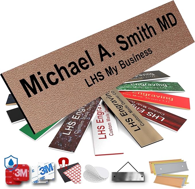 Engraved Name Plates for Door Sign Personalized Textured Copper Plastic Plaque with Black Letters - Made in USA 2x8 M2