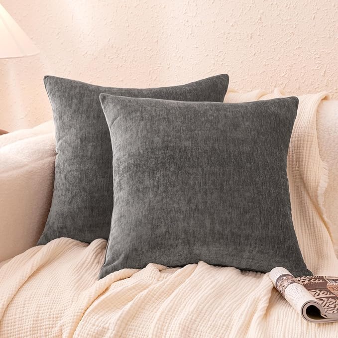 Amazon Basics Chenille Throw Pillow Covers, Home Decor Cushion Cover for Bedroom Living Room Couch Bed, 22" W × 22" L, Dark Gray